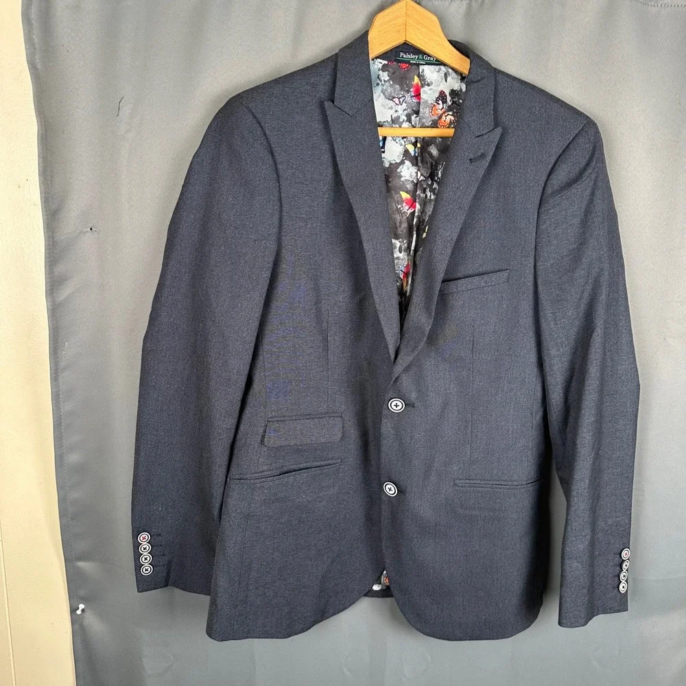 Paisley & Gray Mens Slim Fit Blazer Gray Butterfly Lining Sport Coat 38R